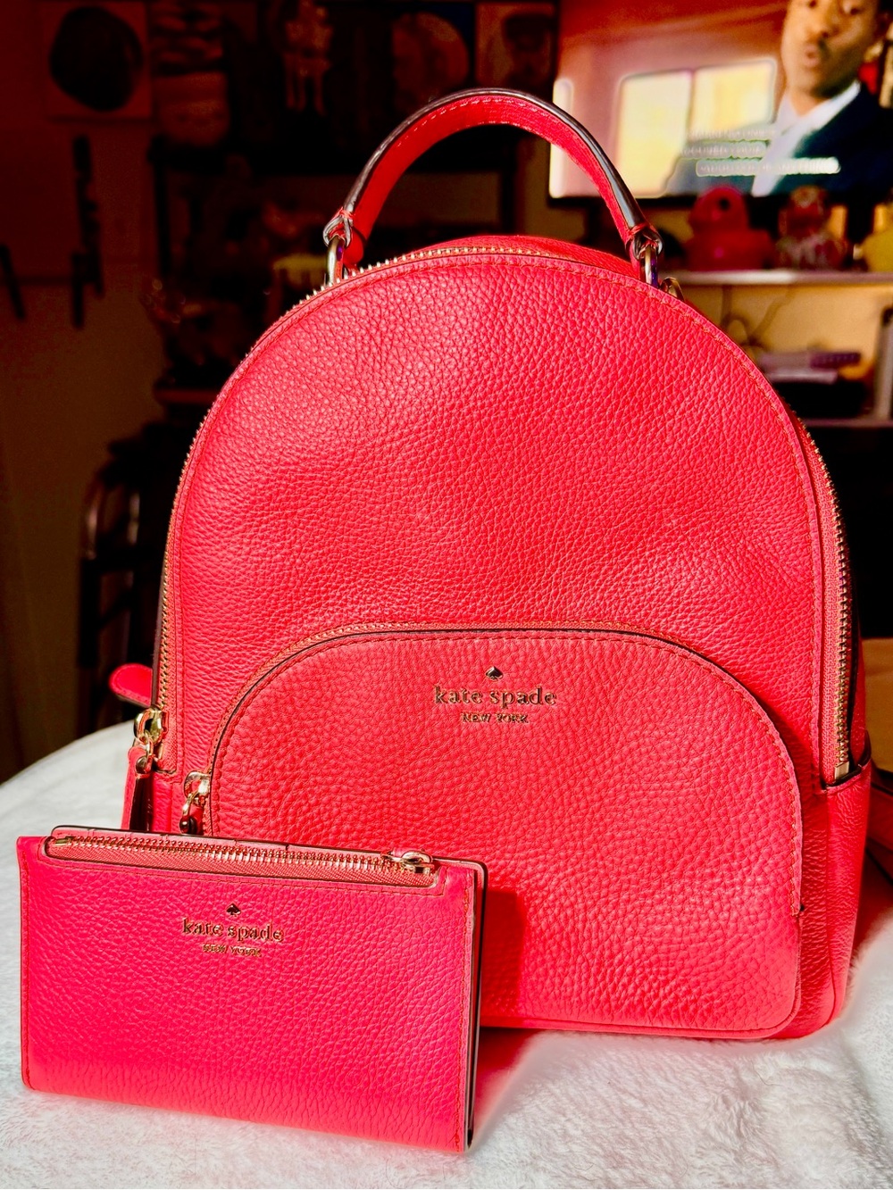 kate spade New York Red Leather Backpack with Matching Wallet EUC